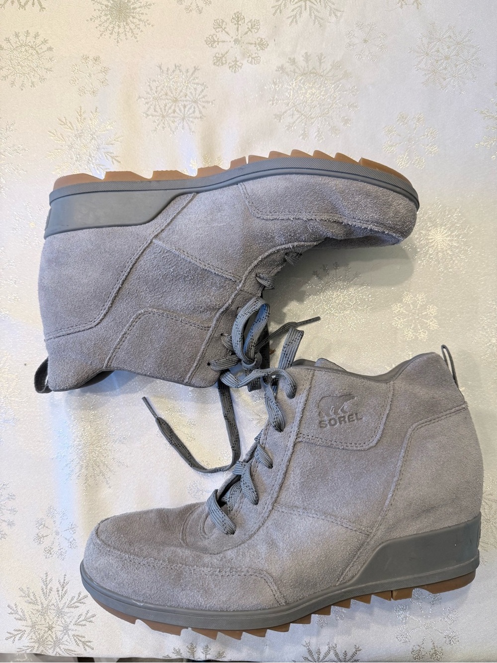 Sorel Womens Evie Sport Lace wedge ankle booties NL3817-053 Quarry Grey Suede 11